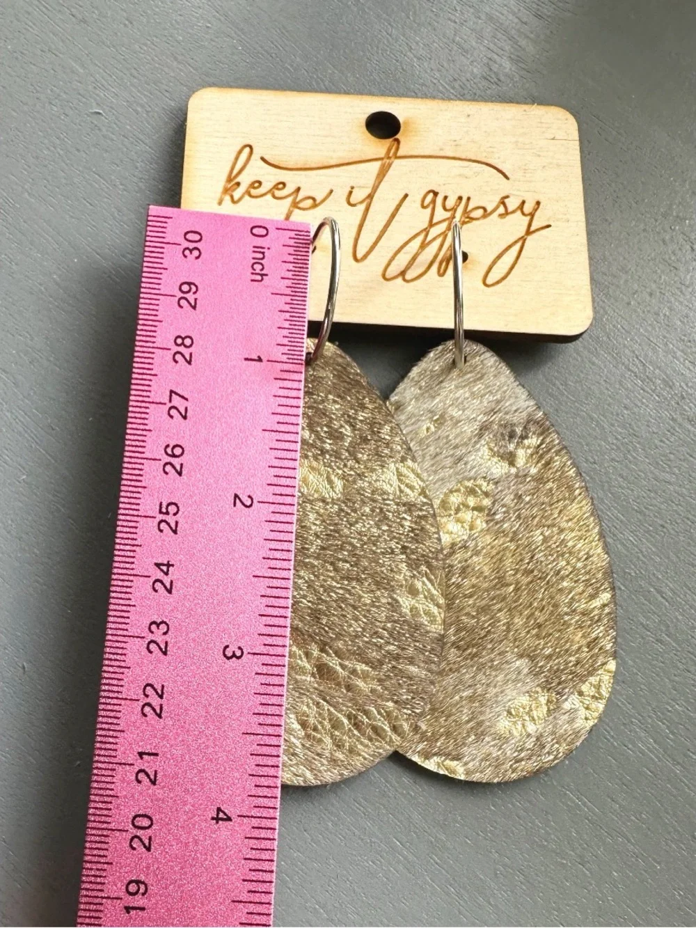 Keep it Gypsy Metallic Gold Cowhide Hair on Hide Leather Teardrop Shaped earring